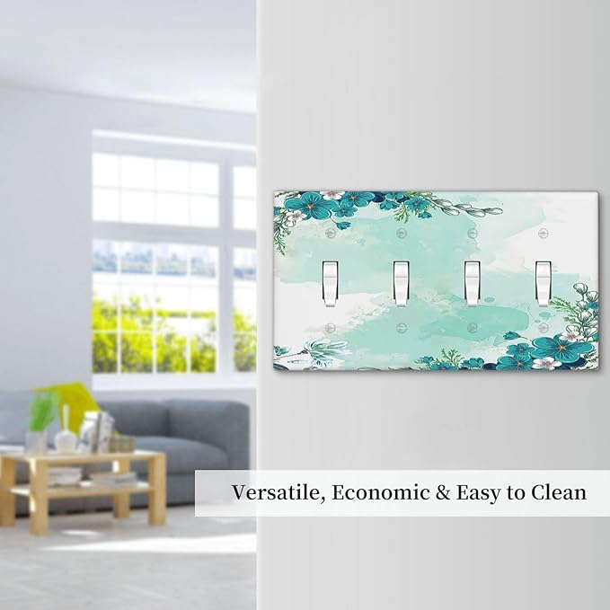 Light Switch Covers Blue Green Flowers Light Green Watercolor Patterns Quad Toggle 4 Gang Wall Plate Electrical Faceplate Decorative Switch Plates for Bedroom Home Decor