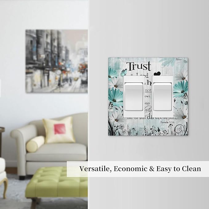 Rustic Teal Daisy Bible Verse Wooden Inspirational Quote Decorative Outlet Covers 2 Gang Double GFCI Rocker Electrical Wall Panels Light Switch Cover Plate for Bedroom Living Room Decor