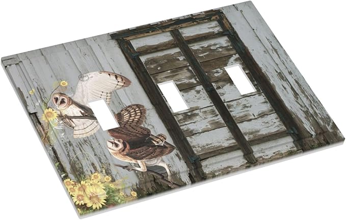 Vintage Brown Blue Old Wooden Door Triple Toggle Light Switch Cover 3 Gang Wall Plate Decorative Antique Barn Door with Owls Sunflower Electrical Facplate for Bathroom Kitchen Home 6.7" x 4.8"