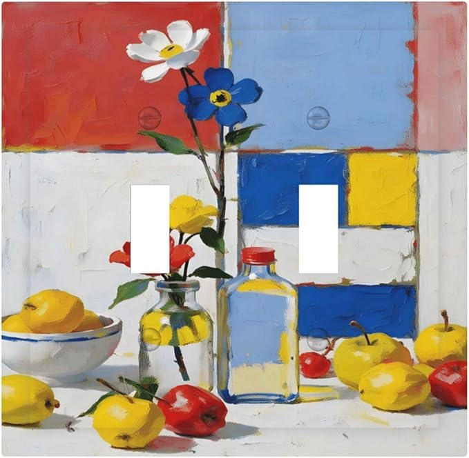 Color Block Floral Still Life Art Red Yellow Blue Abstract Decorative Switch Plates 2 Gang Double Toggle Outlet Light Switch Cover Wall Plate Electrical Faceplate for Farmhouse Bedroom Decor