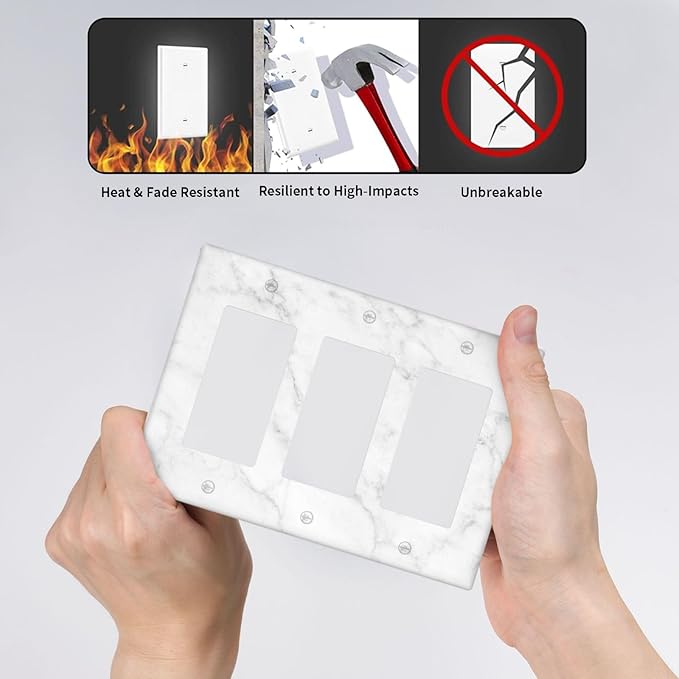 Faux White Marble Printed Triple Gang Rocker Decorative Light Switch Cover, 3-Gang Wall Plate Outlet Cover