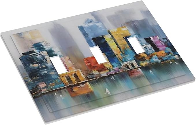 Colorful Nyc Skyline Textured Modern Abstract Decorative Switch Plates 3 Gang Wall Plate Triple Toggle Light Switch Cover Faceplate Electrical Wall Panels for Bedroom Living Room Decor