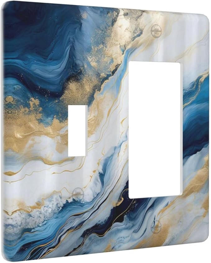 Abstract Blue Granite Luxury Watercolor Marble Texture Print 2 Gang Single Toggle Rocker Combination Light Switch Cover Unique Decorative Wall Plate Cover Electrical Faceplate Switchplate for Bedroom