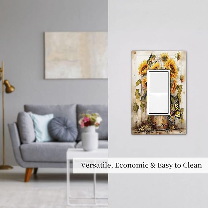 Decorative Outlet Covers Rustic Vintage Sunflower Bouquet Butterfly 1 Gang Single Rocker Light Switch Cover Plate Wall Plates GFCI Faceplate for Farmhouse Cabin Decor