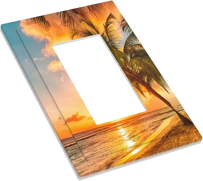 Outlet Covers Sunset Beach Palm Tree Seascape 1 Gang Wall Plate Single Rocker Light Switch Cover Tropical scenery Decorative GFCI Receptacle Cover Electrical Switchplate for Home Decor