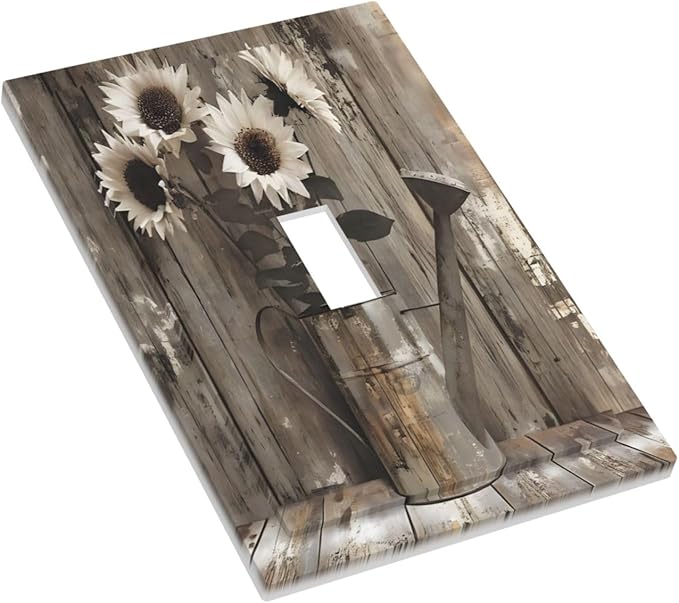 Rustic Floral Country Sunflower Daisy Old Wooden Boards Decorative Light Switch Cover 1 Gang Single Toggle Device Electrical Faceplate Switchplates Decorator Outlet Wall Plate for Farmhouse Home Decor