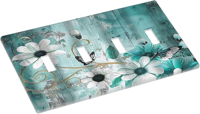 Decorative Switch Plate Covers Turquoise Flowers and Butterflies Rustic Teal White Floral 3 Gang Wall Plate Light Switch Cover Plate Triple Toggle Jumbo Electrical Faceplate for Bedroom Decor