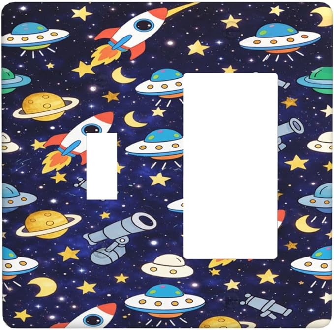 Decorative Outlet Covers Blue Space-themed Rocket Spaceship 2 Gang Light Switch Cover Plate Single Toggle 1 Rocker Wall Plates for Electrical Switch Plate Covers for Children's Room Decor