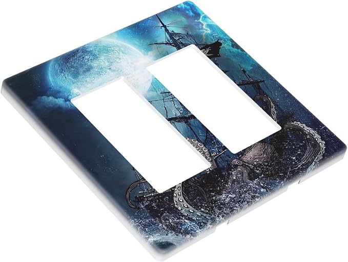 Moon Ocean Nautical Octopus 2 Gang Double Rocker/Decora Light Switch Cover Decorative Outlet Wall Plate Electrical Faceplate Home Family Art Decor Screwless