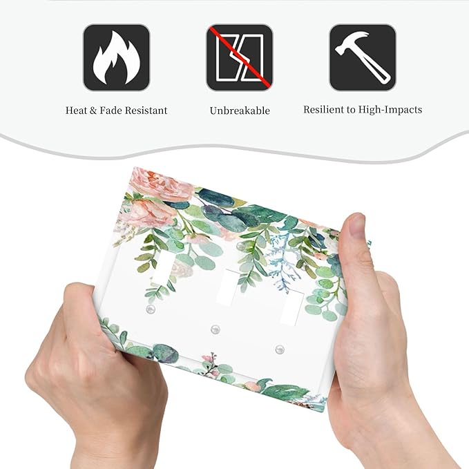 Green Eucalyptus Leaves Floral Watercolor Flower Decorative Switch Plates 3 Gang Wall Plate Triple Toggle Light Switch Cover Faceplate Electrical Wall Panels for Bed Room Living Room Decor
