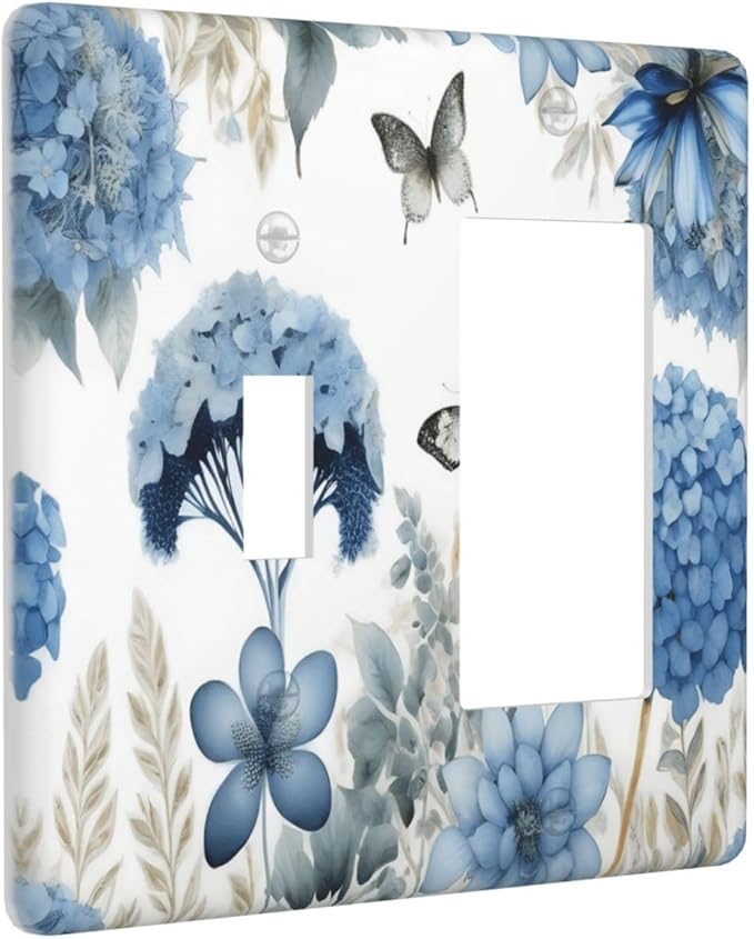 Blue Floral Hydrangea Floral Butterfly Flower Plant Outlet Covers 1 Toggle 1 Rocker Combination Decorative Wall Plate Electrical Switch Plates Light Switch Cover Plate for Bedroom Living Room Decor