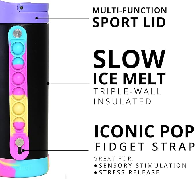 Elemental Iconic Kids Water Bottle for School - 100% Leak-Proof Insulated Water Bottles with Straw Lid & Pop-It Handle for Boys & Girls - Triple-Wall Insulated & BPA-Free, 14oz – Black Tie Dye