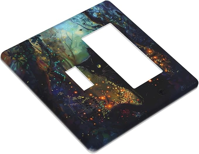 Light Switch Cover Plate Magic Fantasy Forest Mysterious Black Cat 2 Gang Combo Wall Plates Toggle Rocker Decorative Switch Plates and Outlet Covers for Kid Room Bathroom Decor