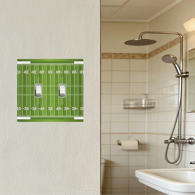 Football Field Double Toggle Switch Cover - 2-Gang Standard US Size Game Day Gridiron Light Switch Covers, Vintage Football Design for Boys Room Decor