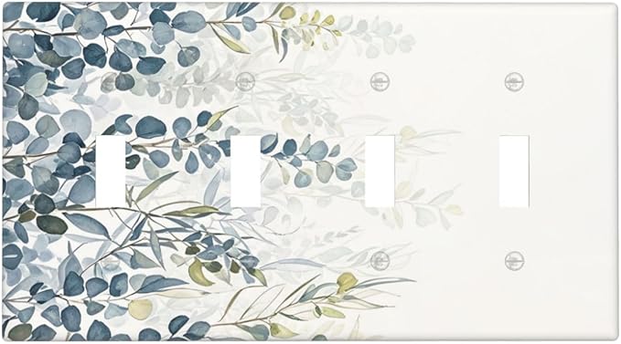 Decorative Switch Plate Cover with Green & Blue Watercolor Eucalyptus Botanical Foliage Design 4 Gang Artistic Wall Plate Unique Quad Toggle Light Switch Covers for Contemporary Living Room