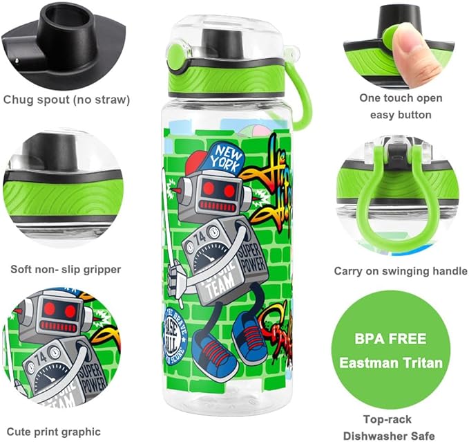 Home Tune Cute Water Bottle for School Kids Girls, BPA FREE Tritan & Leak Proof & Easy Clean & Carry Handle, 23oz/ 680ml - Sports Robot