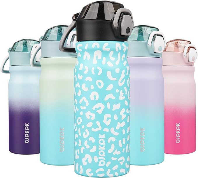 BJPKPK Insulated Water Bottle 18oz Stainless Steel Water Bottles with Straw and Carry Handle Double Wall Metal Thermal Flask,Sky Blue Leopard