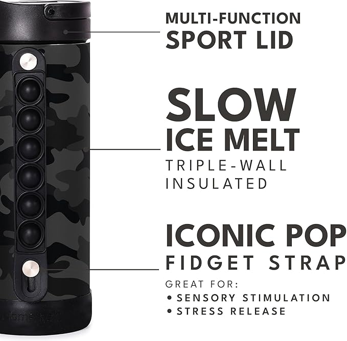 Elemental Iconic Kids Water Bottle with Straw Lid & Stress Relief Pop It Handle, Leak-Proof When Closed, Triple Insulated Kids Stainless Steel Water Bottle For Girls and Boys, 14oz - Black Camo