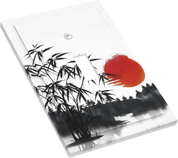 Decorative Light Switch Plate Covers Artistic Describe Black Bamboo Japanese Red Sun 1 Gang Wall Plate Single Toggle Switch Cover Plate Jumbo Electrical Switchplate Receptacle Faceplate