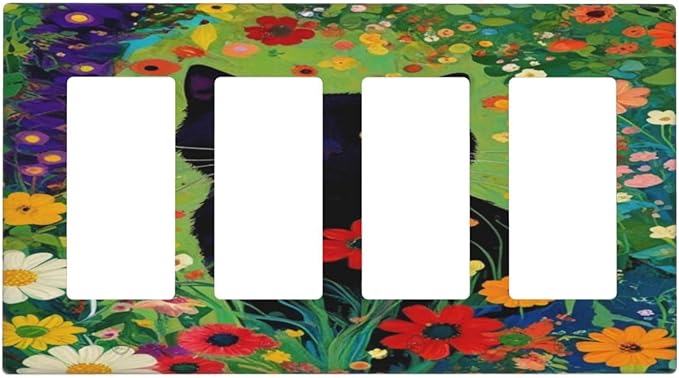 Decorative Art Light Switch Covers BlackCat&Flowers 4 Gang Rocker Decora Outlet Covers Electrical Faceplate GFCI Wall Plate for Home Decor