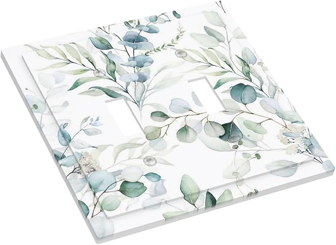 Watercolor Spring Eucalyptus Green Saga Boho Leaf Plant Botanical Floral Wild Flower Decorative 2-Gang Double Toggle Outlet Light Switch Wall Plate Electrical Receptacle Faceplate Cover Jumbo Size