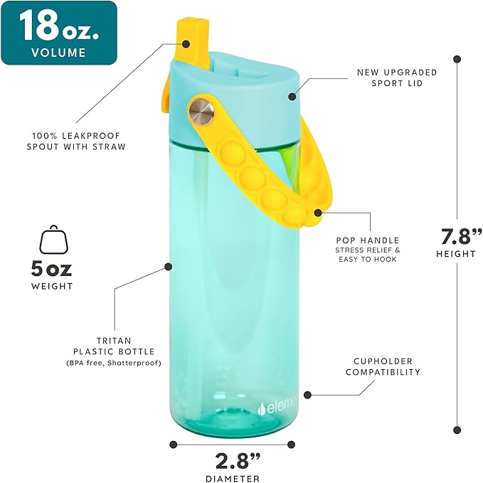 Elemental Water Bottles for Kids - Splash Kids Water Bottle for School with Pop-it Handle - BPA Free Tritan Plastic Water Bottle with Straw Leak Proof when Spout is Closed - Lemon Sky - 18oz