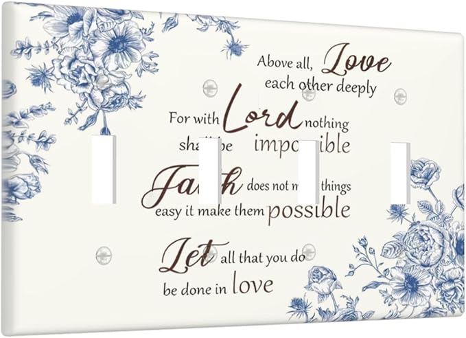 Decorative Light Switch Cover Plate Inspirational Quotes Blue Flower Floral 4 Gang Wall Plates for Electrical Outlets Quad Toggle Switch Plate Covers Outlet Covers Faceplate for Home Decor