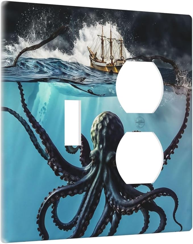 Decorative Outlet Covers Ocean Nautical Octopus Ship Funny Kraken 2 Gang Wall Plate Single Toggle Duplex Light Switch Cover Switch Plate Covers Faceplate for Bedroom Home Decor