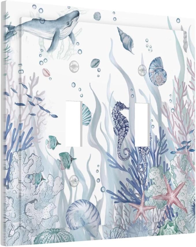 Ocean Themed Coral Seahorse Seashell Starfish Beach Decorative Switch Plates 2 Gang Double Toggle Outlet Light Switch Cover Wall Plate Electrical Faceplate for Bathroom Home Decor