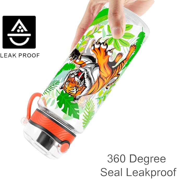Home Tune Cute Water Bottle for School Kids Girls, BPA FREE Tritan & Leak Proof & Easy Clean & Carry Handle, 23oz/ 680ml - Tiger