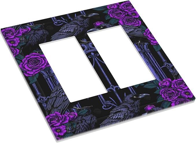 Decorative Outlet Covers Gothic Style Crow Purple Flowers 2 Gang Double GFCI Rocker Electrical Wall Panels Light Switch Cover Plate for Bedroom living Room Decor