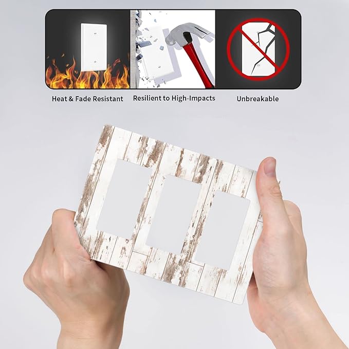 White Grey Wood 3 Gang Triple Rocker/Decor Light Switch Wall Plate Cover Decorative Electrical Faceplate for Kids Living Room Bedroom Decor Screwless 6.57" x 4.65