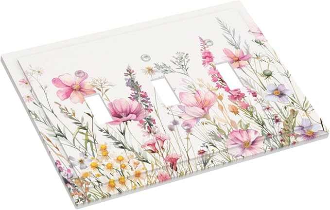 Pink Floral Wild Flowers Watercolor Plants Decorative Switch Plates 3 Gang Wall Plate Triple Toggle Light Switch Cover Faceplate Electrical Wall Panels for Bedroom Living Room Decor