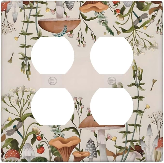 Boho Mushroom Forest Plants Wildflowers Insects Outlet Covers 2 Gang Double Duplex Decorative Light Switch Covers Electrical Wallplates Socket Faceplate for Kids Room Home Decor