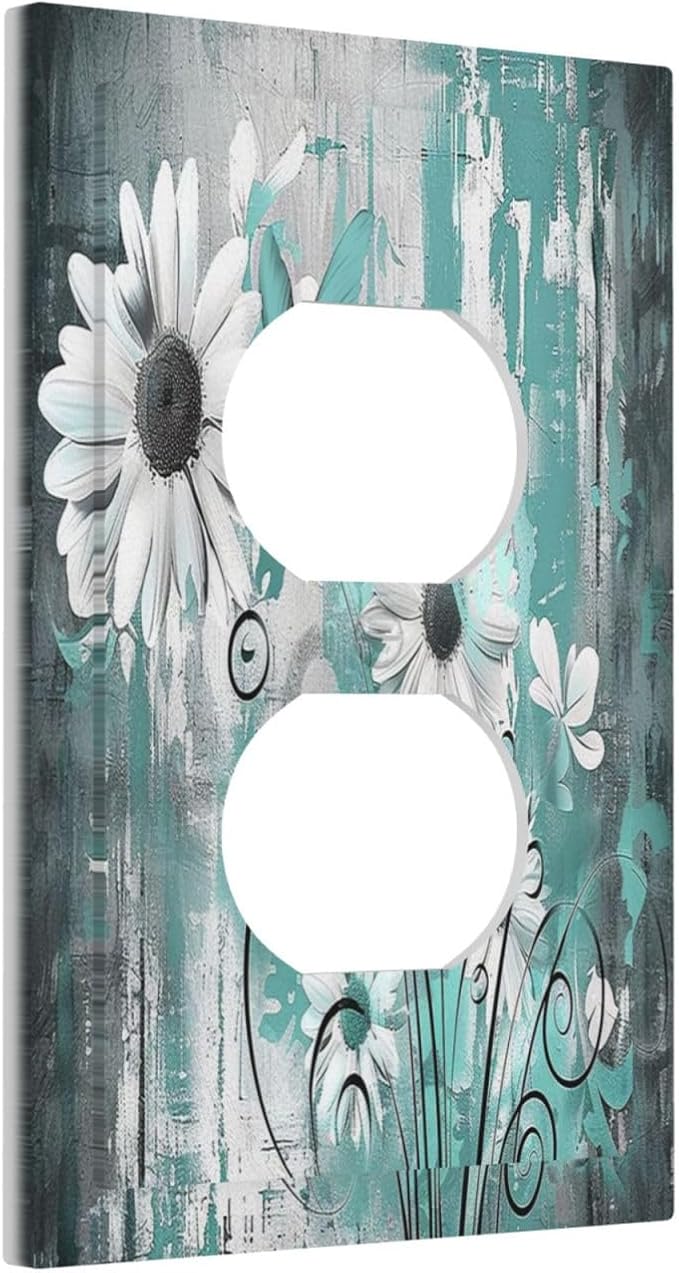 Outlet Covers Teal Daisy Floral Vintage Wood Plank 1 Gang Duplex Light Switch Cover Decorative Switch Plates Electrical Receptacle Faceplate Wall Plate For Farmhouse Cabin Decor