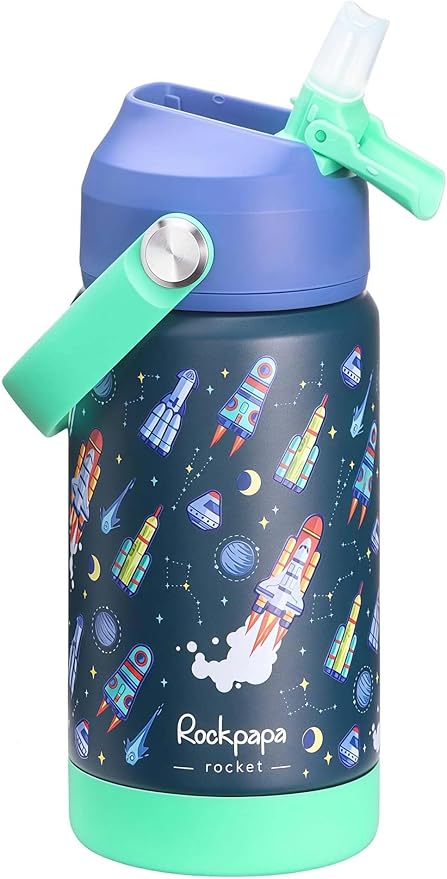 rockpapa 14 oz Kids Insulated Water Bottle，Stainless Steel Toddler Cups with Straws, BPA Free, Leak-Proof, Kids Water Bottle for School Boys& Girls (Blue Rocket)