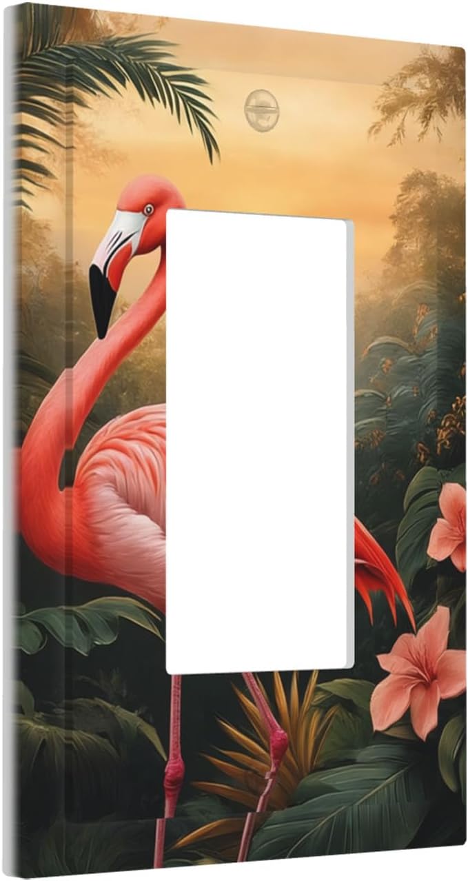Tropical Flamingo Jungle Paradise Single Rocker Switch Cover - 1-Gang Standard US Size Exotic Jungle Escape Light Switch Covers for Bathroom Decor