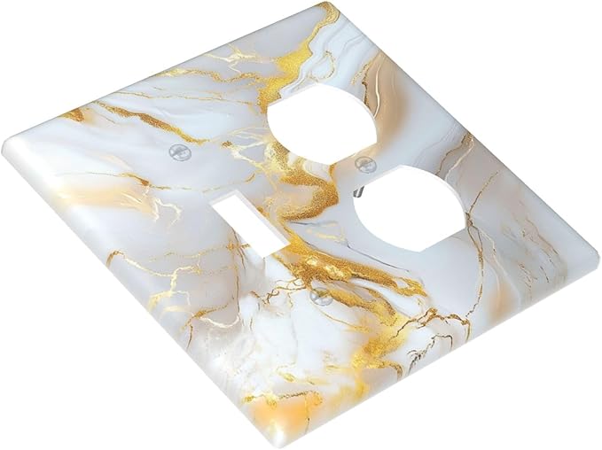 Decorative Switch Cover Plate Abstract Gold Marble Design with White & Gold Toggle Duplex Wall Plate 2 Gang Light Switch Cover Outlet Covers for Modern Luxurious Decor