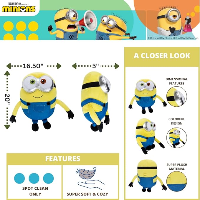 Minions: The Rise of Gru, Bedding Super Soft Plush Bob Cuddle Pillow Buddy, (Official Minions Product) By Franco