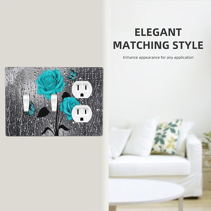 Women Elegant Turquoise Teal Blue Gray Rose Flower Raindrop Floral Butterfly 2 Toggle 1 Duplex Receptacle Light Switch Wall Plates and Outlet Cover Triple Device Combo Two Toggle One Receptacle Cover