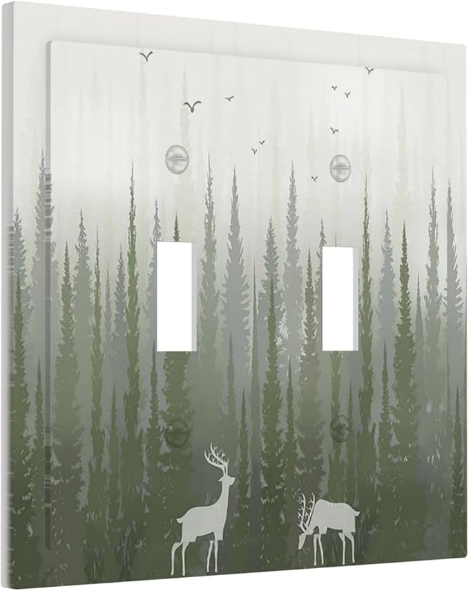 Green Pine Tree Deer Country forest Bird Nature Mist Decorative Switch Plates 2 Gang Double Toggle Wall Plate Electrical Faceplate Outlet Light Switch Cover for Bedroom Home Decor