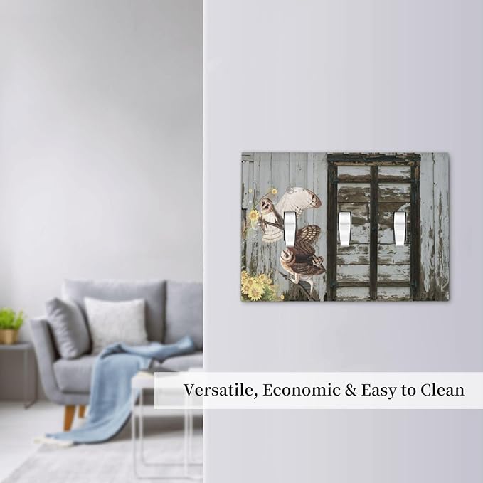 Vintage Brown Blue Old Wooden Door Triple Toggle Light Switch Cover 3 Gang Wall Plate Decorative Antique Barn Door with Owls Sunflower Electrical Facplate for Bathroom Kitchen Home 6.7" x 4.8"