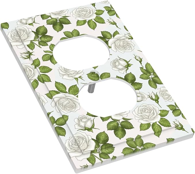 Elegant White Roses & Green Leaves Floral Duplex Wall Plate - 1-Gang Standard US Size Timeless Rose Garden Outlet Covers for Bathroom Bedroom Vanity Decor