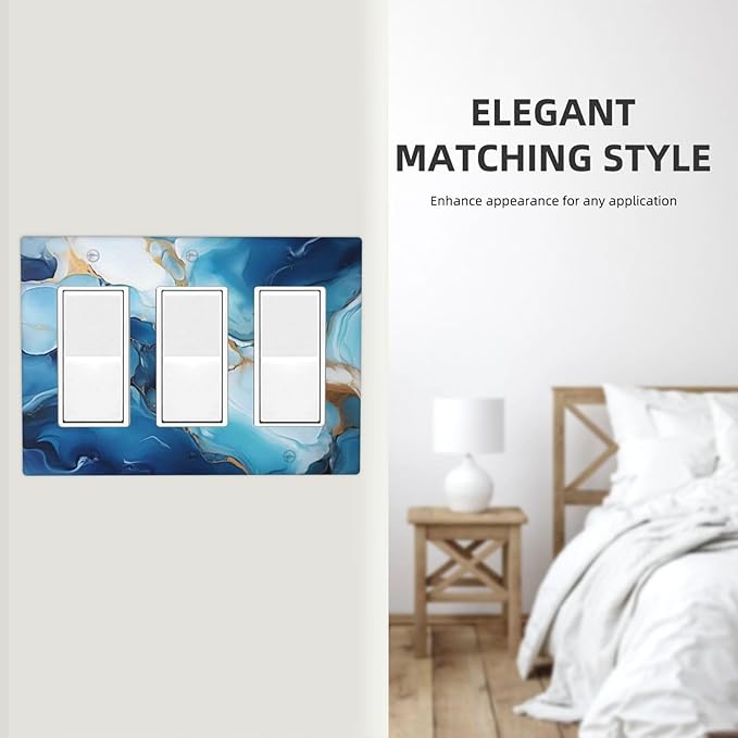 Decorative Outlet Covers Artistic Abstract Blue Marble Gold Line Painted 3 Gang Wall Plate Triple Rocker Switch Light Switch Plate Covers Jumbo Electrical GFCI Switch Cover Plate