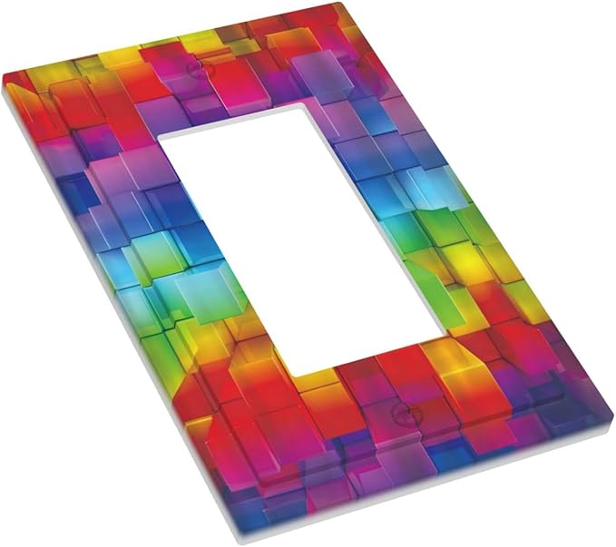3D Colorful Rainbow Wall Abstract Squre Shaped 1 Gang Rocker Light Switch Covers Decorative Unique Single Decora Outlet Wall Plate Faceplate Switchplate GFCI for Kitchen Bedroom Bathroom Decor