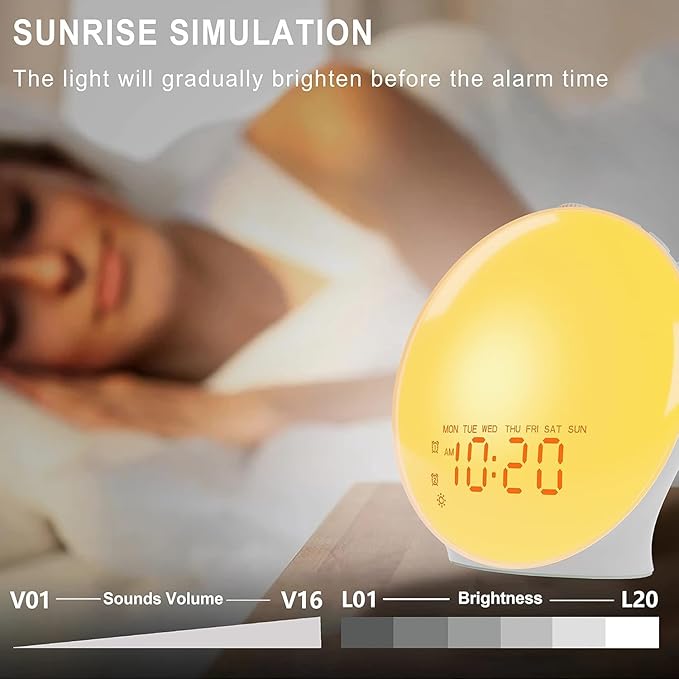 JALL Sunrise Alarm Clock with 25 Soothing Sounds, White Noise Sound Machine for Sleep, Sunset Lamp & 5W Bluetooth Speaker, Dual Alarms for Heavy Sleepers, Kids, Adults, Bedrooms, Wood Grain