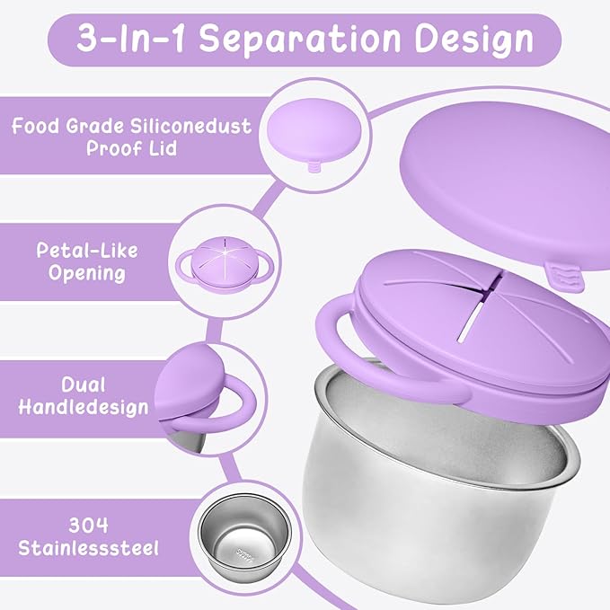 2 Pack Baby Stainless Steel Snack Containers for Kids with Spill Proof Food Grade Silicone Lids & Handles 9 OZ Baby Snack Cups No Spill Toddler Snack Box for Mess-Free Snacking