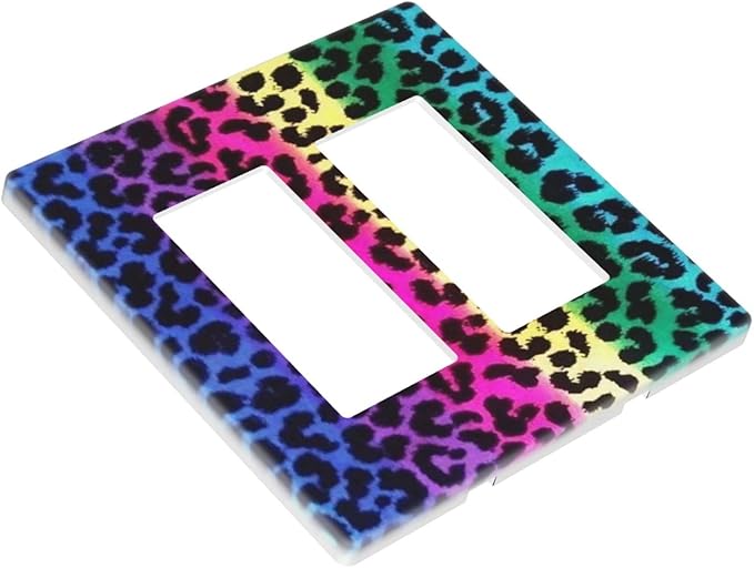 Rainbow Colorful Leopard 2 Gang Double Rocker/Decor Light Switch Cover Decorative Outlet Wall Plate Electrical Faceplate Home Bedroom Art Panel Decor Screwless 4.7" x 4.6