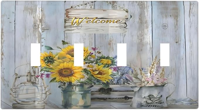 Rustic Sunflower Floral Vintage Wood Board Light Switch Covers Quad Toggle Electrical Faceplate 4 Gang Wall Plate Decorative Switch Plates Cover for Farmhouse Home Decor