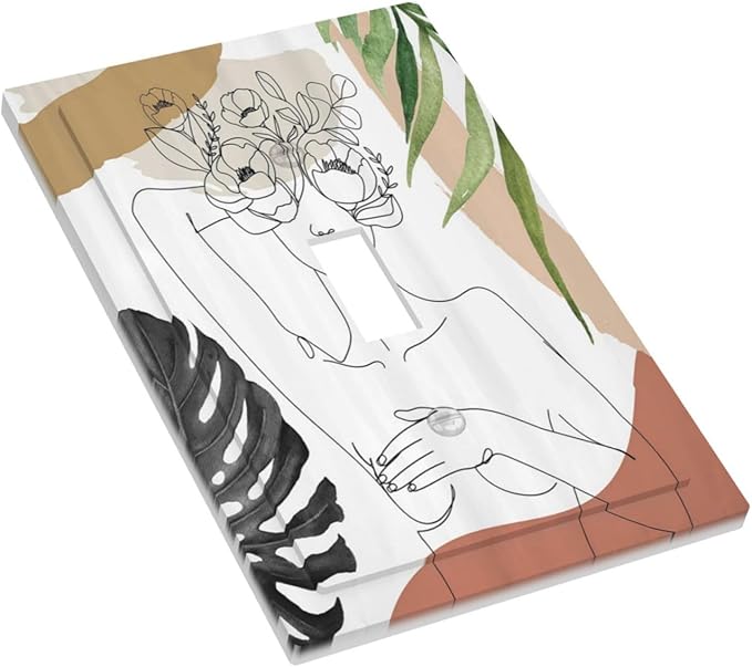 Mid Century Abstract Women Lady Boho Palm Leaf 1 Gang Light Switch Covers Decorative Unique Single Toggle Wall Plate Switchcover Electrical Switchplate for Kitchen Bathroom Bedroom Decor